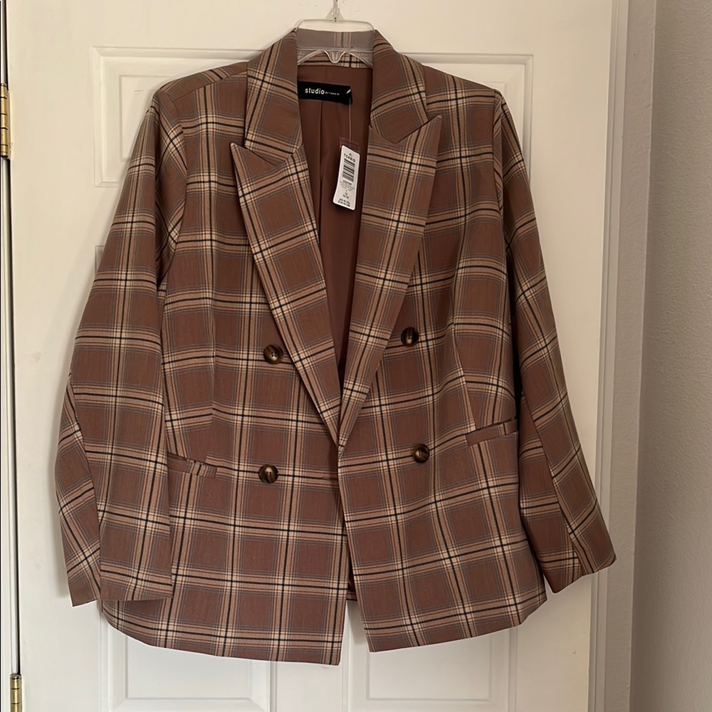 Brown Plaid Double-Breasted Women's Blazer